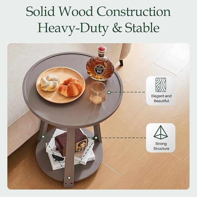 Round Solid Wood Side Table - Small Round Wooden End Table, Modern Living Room Beside Side Tables with Shelf for Couch Sofa Bedroom, Gray, 19.6 in x 19.6 in x 23.6 in