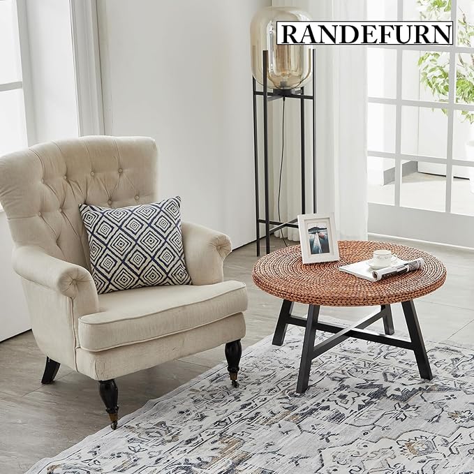 RANDEFURN Round Coffee Table, Seagrass Coffee Solid Pine Wood X Base Frame Cocktail Table, Easy Assembled, Multiple Sizes for Living Room, 32 x 17 Inches,Gold