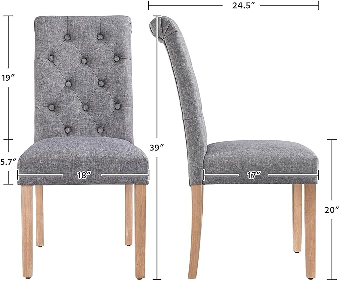 Yaheetech Dining Chairs Set of 2 Fabric Upholstered Dining Room Chairs with Button Tufted High Back and Solid Wood Legs for Kitchen/Living Room/Restaurant, Modern Style, Dark Gray