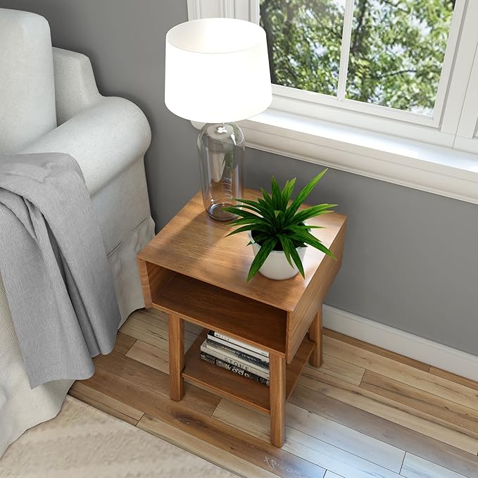 Plank+Beam Wooden Side Table with Cubby Storage Shelf, Mid Century Modern End Tables for Living Room, Small Solid Wood Nightstand, Bedside Tables, Bedroom Furniture, Pecan