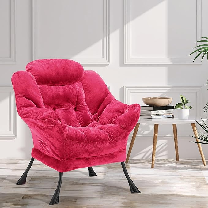 Fabric Lazy Chair for Adults, Oversized Upholstered Sofa Chair, Plush Comfy Lounge Chair with Large Side Storage Pocket, Thick Padded Reading Chair for Living Room, Bedroom, Office, Rose Red