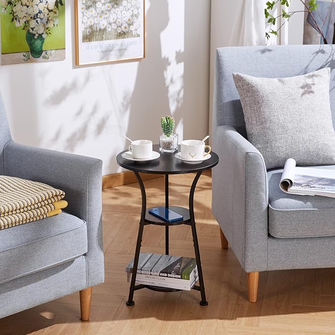 Dulcii Small Round End Table for Narrow and Small Space, 3-Tier Round Accent Couch Beside Table, Modern Side Table Corner Sofa Table Nightstand for Living Room Bedroom,Black