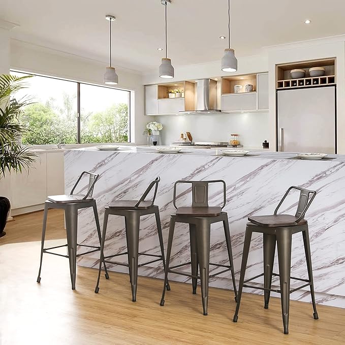 24 Inch Swivel Bar Stools Set of 4 with Backs Counter Height Industrial Metal Barstools Island Bar Chairs for Home Kitchen Dining Room (Swivel 24 inch,Rusty Wooden)