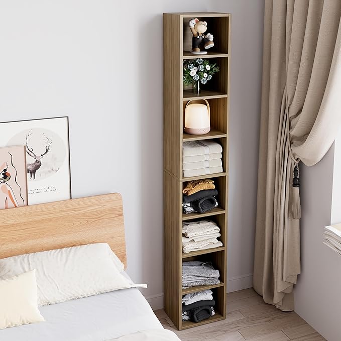 Bamjoy 71 Inches Tall Narrow Bookshelf, 8-Tier Slim CD DVD Media Shelf, Corner Bookcase with Adjustable Shelves, Cube Skinny Bookshelf for Home Office Small Space, Light Walnut