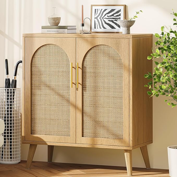 Rovaurx Rattan Storage Cabinet with Doors, Modern Accent Bathroom Floor Cabinet, Sideboard Buffet for Living Room, Entryway, Dining Room and Kitchen, Natural BMGZ108M
