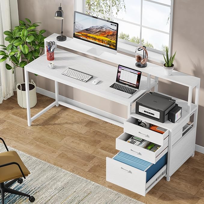 Tribesigns 63 Inch Computer Desk with File Drawer Cabinet, Ergonomic Office Desk with Monitor Stand, Computer Table with Printer Space, Wood PC Table Workstation Desk for Home Office, White