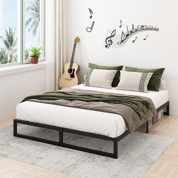 8 Inch Queen Bed Frame Heavy Duty Steel Slat Support Metal Queen Size Platform Bed Frame No Box Spring Needed, Easy Assembly, Black