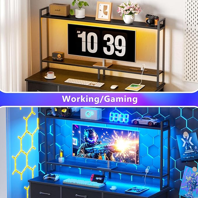 Computer Gaming Desk with Hutch, Home Office Desk with Power Outlets, LED Light, 5 Storage Drawers, 2 Tiers Shelves for Display, 47 Inch Modern Study Writing Table for Bedroom, Black