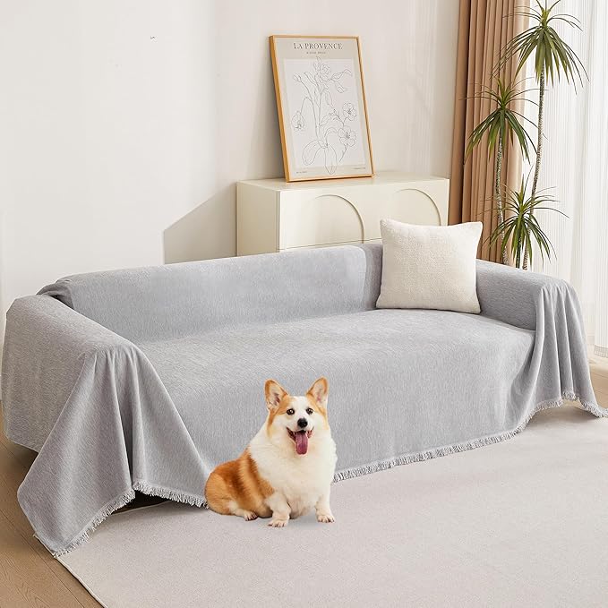 MYSKY HOME Sofa Cover for Dogs, Washable Boho Couch Cover Blanket, Thick Durable Tassel Water Resistant Furniture Protector, 71"x 118", Light Grey