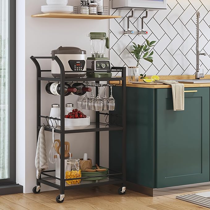 TUTOTAK Bar Cart, Home Bar Serving Cart with 3-Tier Mirrored Shelf, Mobile Kitchen Shelf, Rolling Beverage Cart, Black BC01BK034