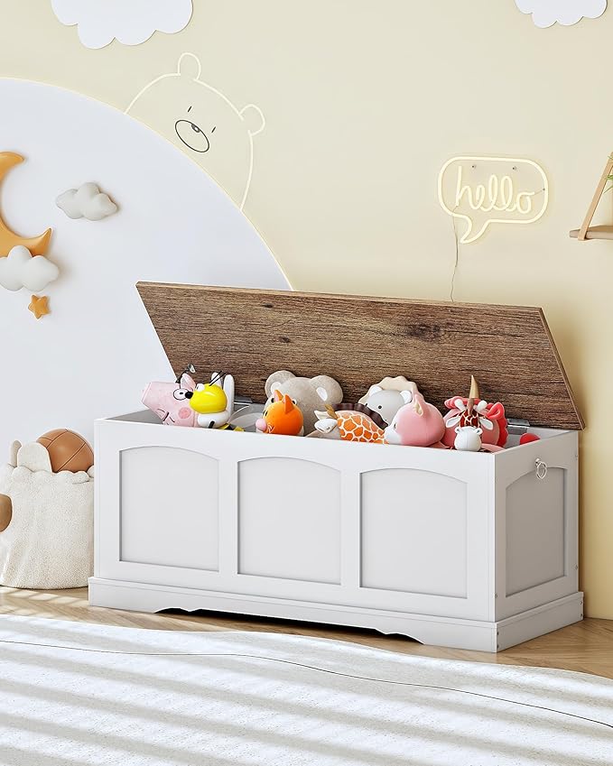 39.4" Storage Chest Bench with Lift Lid, Toy Chest with Safety Hinge, Entryway Shoe Bench, Wooden Storage Trunk, Holds up to 220 lb, for Living Room, Bedroom, Hall, White and Walnut MCW12WL