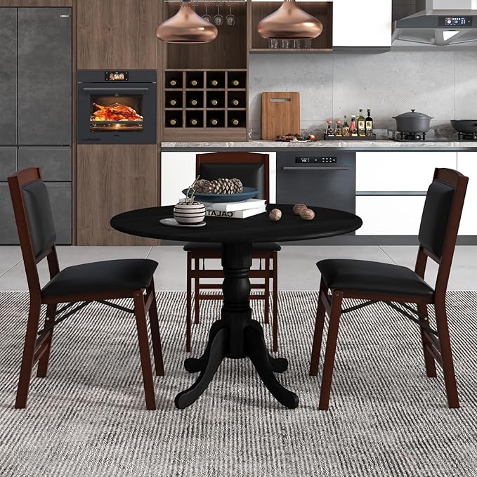 COSTWAY Round Dining Table for 4, 39 inch Kitchen Table with Solid Rubber Wood Frame, Adjustable Foot Pads, Curved Trestle Legs, Mid Century Rustic Dinning Table for Living Room, Black