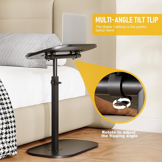 C Shaped End Side Table with Anti-Drop Rod, Adjustable Height & 360° Swivel Snack Table for Couch, Sofa, Bedroom, Living Room, TV Tray Table for Eating, Dinner or Laptop, Small Spaces, Black