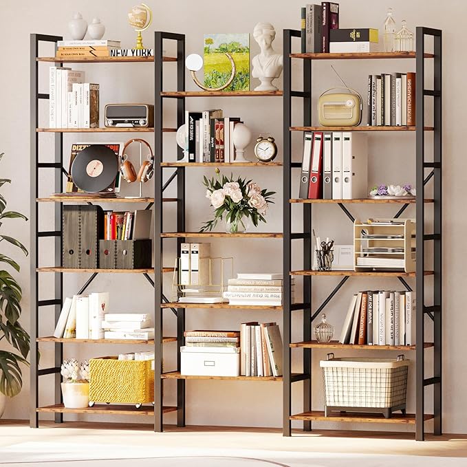 IRONCK Bookshelves 6 Tiers Triple Wide Industrial Bookshelf, Large Etagere Bookshelf Open Display Shelves with Metal Frame for Living Room Bedroom Home Office