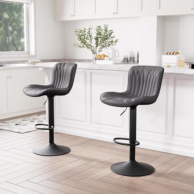 YOUNIKE 3 Black Bar Stools Modern Swivel Counter Height Bar Chair with Back Adjustable Kitchen Island Faux Leather Padded Barstools taburetes de bar Breakfast sillas para barra de cocina 3PCS