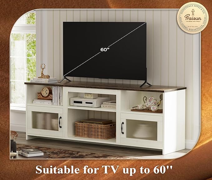 PRAISUN TV Stand for 60 Inch TV, TV Console Cabinet with Power Outlets and LED Lights, 54 Inch Entertainment Center, 2 Acrylic Cabinets, 4 Cable Holes, Open Shelves, for Living Room, Distressed White