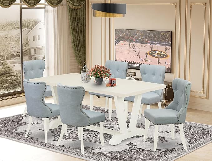 East West Furniture V027SI215-7 7 Piece Dining Room Table Set Consist of a Rectangle Kitchen Table with V-Legs and 6 Baby Blue Linen Fabric Parson Dining Chairs, 40x72 Inch, Multi-Color