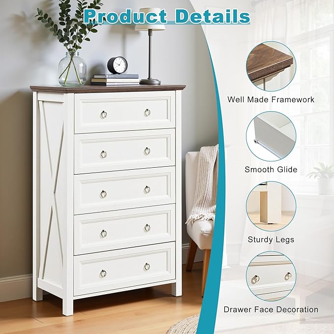 31.3" Farmhouse Sideboard Buffet Cabinet with Storage, Kitchen Buffet Storage Cabinet with 5 Drawers, Modern Wood Accent Sideboard for Living Room, Kitchen, Hallway(Ivory White)