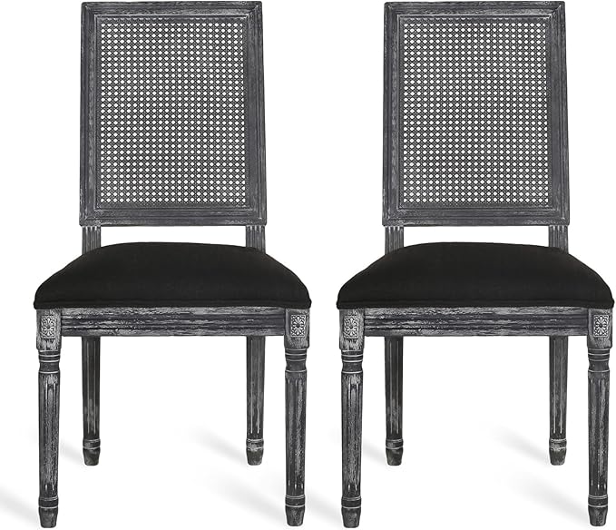 Merax Upholstered Solid Wood Dining Chairs Set of 2, French Country Style Accent Side Seating Furniture for Kitchen, Living Room, Wicker Back, Black