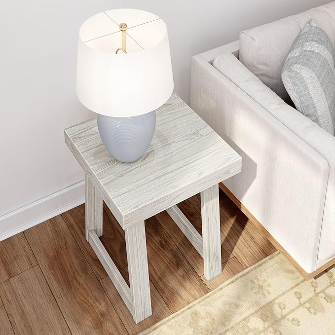 Plank+Beam Classic Square Side Table, Slim Side Table for Living Room, Narrow Nightstand for Small Spaces, Wood End Table for Bedroom, White Sand Wirebrush