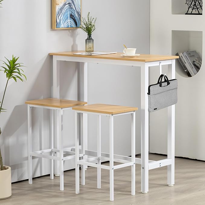 Finnhomy Bar Table Set, 39.3" Pub Table High Top Table, Rectangular Bar Height Table, Bar Table with Stools, Kitchen Table Set for 2, Breakfast for Kitchen, Living Room, Oak Beige and White