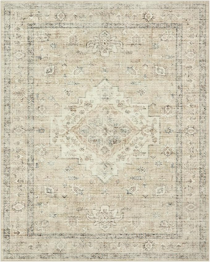 LIVEBOX Washable Area Rug 8x10 Rugs for Living Room Bedroom, Non-Slip Boho Neutral Carpet for Dining Room Office, Low-Pile Farmhouse Soft Carpets for Kids Nursery Room Playroom, Tan