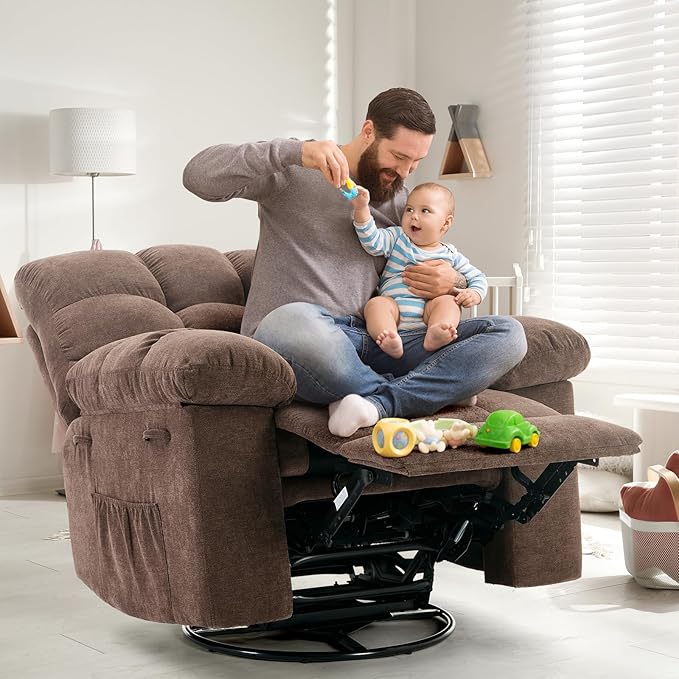 Rocking Recliner Chair,360° Swivel Rocker Chair for Living Room,Upholstered Fabric Glider Nursery Chair with Side Pockets for Small Spaces,Q235 Steel Frame Lazy Boy Recliner Single Sofa(Brown)