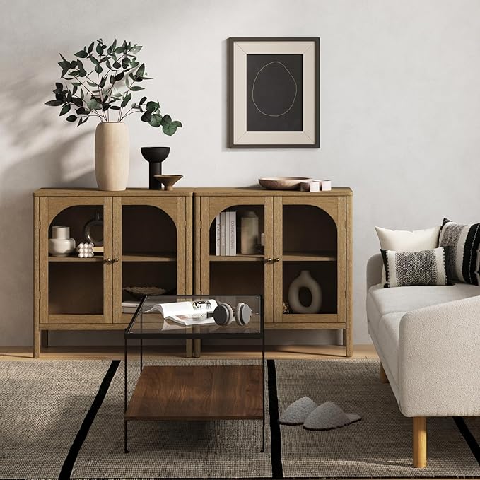 Nathan James Mason TV Stand, Free Standing Accent Sideboard Buffet, Credenza with Glass Doors and Adjustable Shelf in Brushed Light Brown Wood for Dining Room, Entryway and Living Room, Set of 2