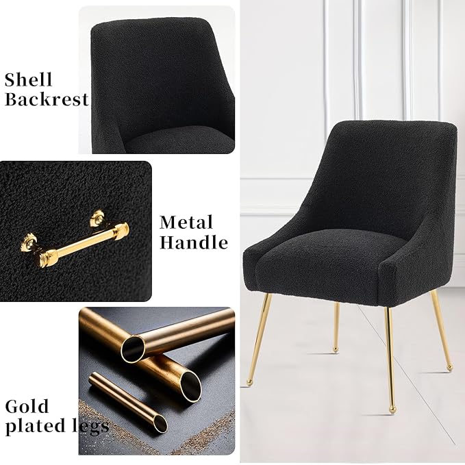 Modern Velvet Dining Chairs Set of 6, Contemporary Upholstered Furniture Collection with Polished Gold Metal Legs, Elegant Accent Chairs for Kitchen Living Room(Teddy Fleece,Black)
