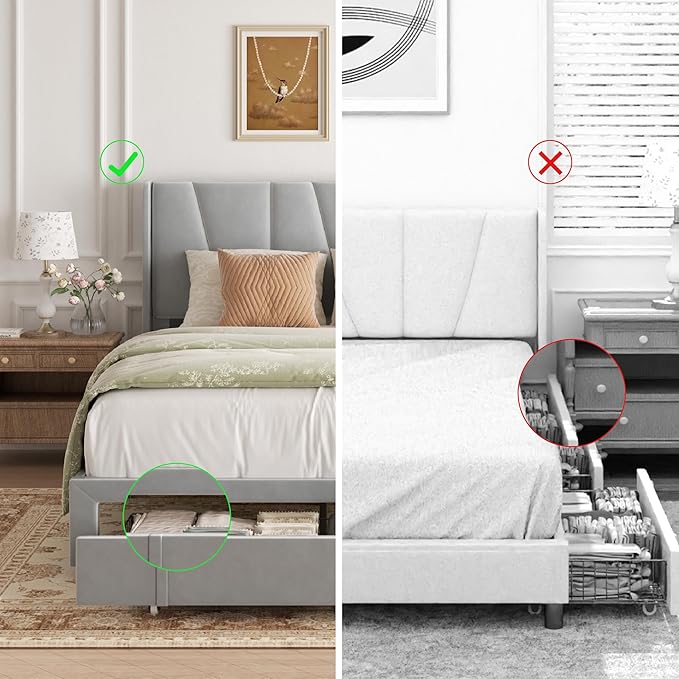 Queen Bed Frame with Storage Drawers, Upholstered Platform Bed with Headboard and Wingboard, No Box Spring Needed, Noise Free, Easy Assembly, Wooden Support Slats, Light Grey