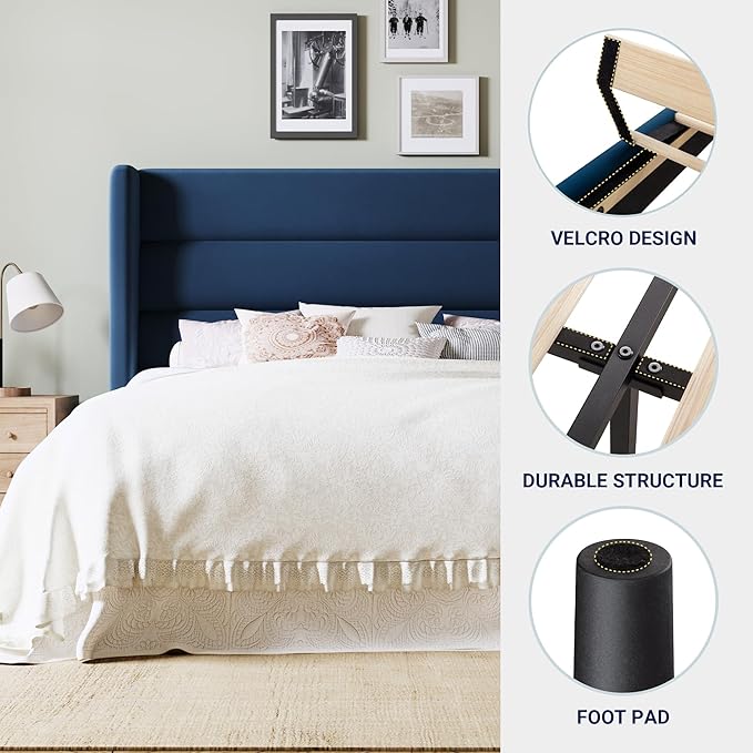 Allewie Queen Size Platform Bed Frame with Velvet Upholstered Wingback Headboard, No Box Spring Needed, Under Bed Storage Space, Wooden Slats, Modern Mattress Foundation, Easy Assembly, Blue