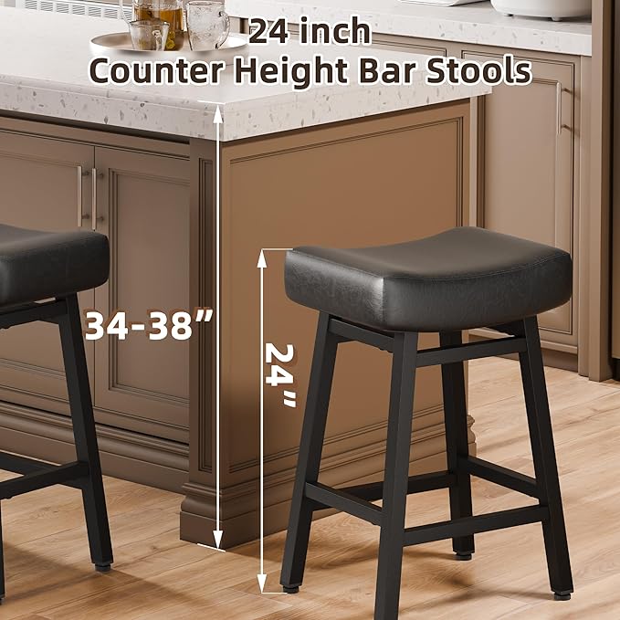 Counter Height Bar Stools Set of 3, 24 Inch Backless BarStools for Kitchen Island Leather Saddle Bar Chairs Kitchen Stools with 4" Thick Seats & Heavy Duty Metal Base, Black