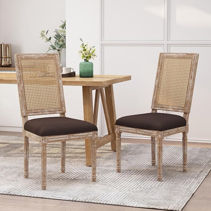 Merax Upholstered Solid Wood Dining Chairs Set of 2, French Country Style Accent Side Seating Furniture for Kitchen, Living Room, Wicker Back, Brown