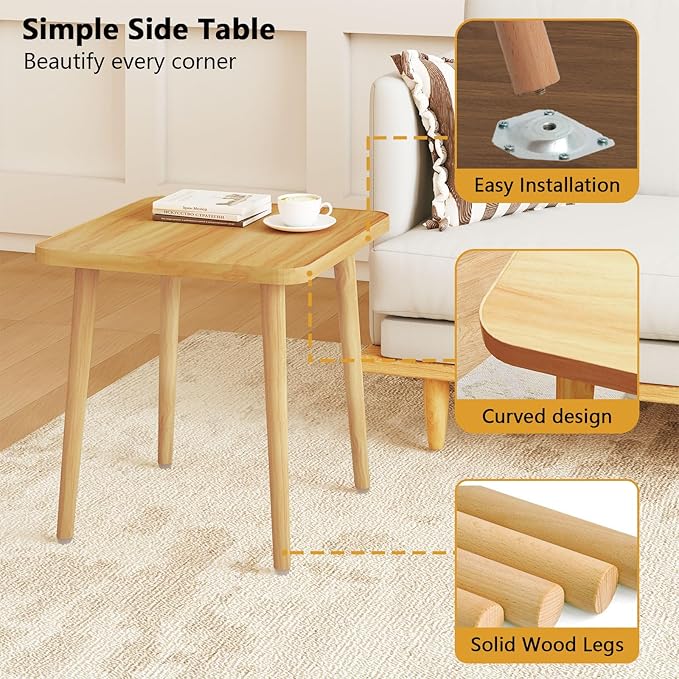 Simple End Table,Modern Side Table with 4 Solid Wood Sturdy Legs for Living Room,Nightstand Bedside Table for Bedroom Balcony (Natural)