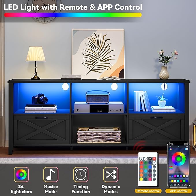 DWVO 70 Inch Farmhouse TV Stand with LED Lighting, Fits TVs up to 80 Inches, Media Console with Storage and Customizable Divider, Entertainment Center for Living Room (Black)
