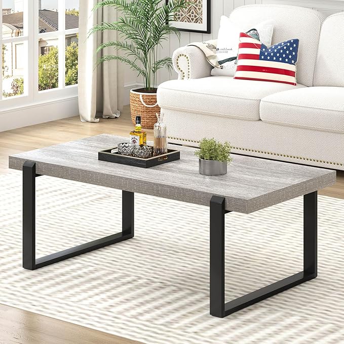 FOLUBAN Modern Coffee Table, Rustic Wood and Metal Center Table, Rectangle Cocktail Tea Table for Living Room, Light Grey, 47 Inch