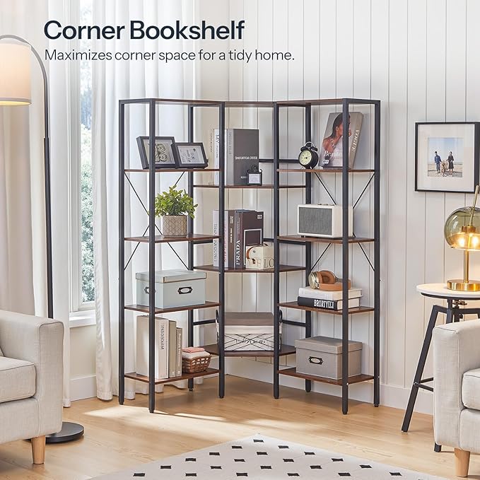 HOOBRO Industrial Corner Bookshelf, 5-Tier L-Shaped Bookcase, Open Display Storage Rack, Floor Standing Storage Shelf, for Living Room, Bedroom, Home Office, Rustic Brown and Black BF68SJ01