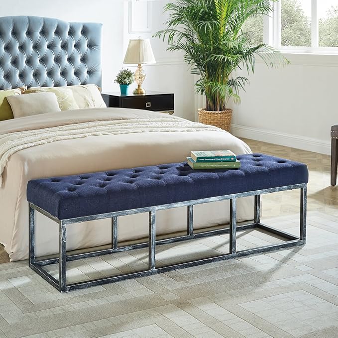 24KF Upholstered Tufted Long Bench Seats with Metal Frame Leg, Linen Bench Ottoman with Padded Seat-Navy Blue
