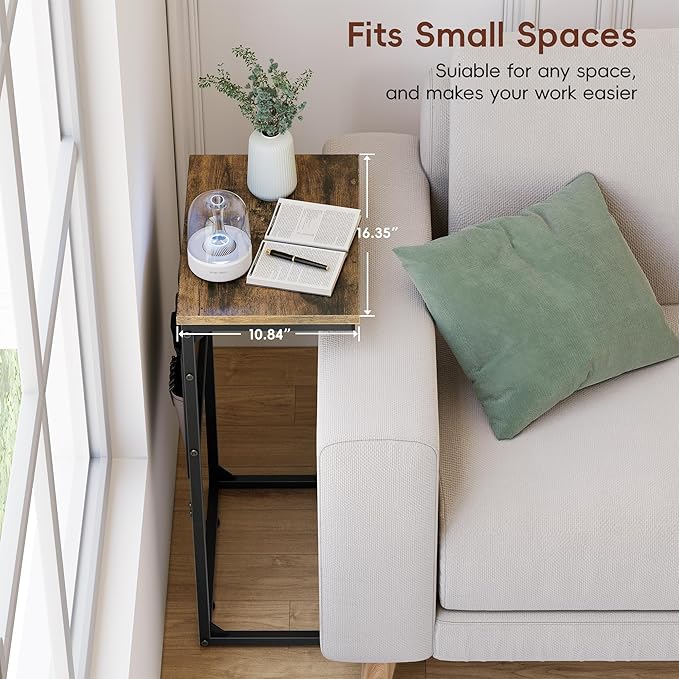 Vagusicc C Shaped End Table Set of 2, Tall Side Table for Sofa, Small Couch Side Table with Storage Bag, TV Tray Table for Small Spaces, Sturdy Slide Under Sofa Table with Metal Frame for Living Room