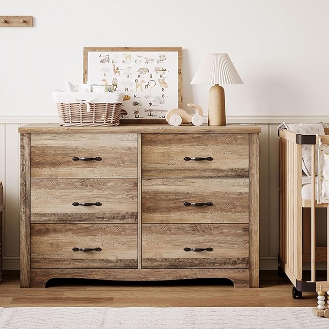 LINSY HOME 6 Drawers Dresser for Bedroom, 47" Wide Rustic Wood Dressers & Chests of Drawers, Modern Farmhouse Storage Dresser with Antique Handles for Closet, Living Room, Hallway, Rustic Brown