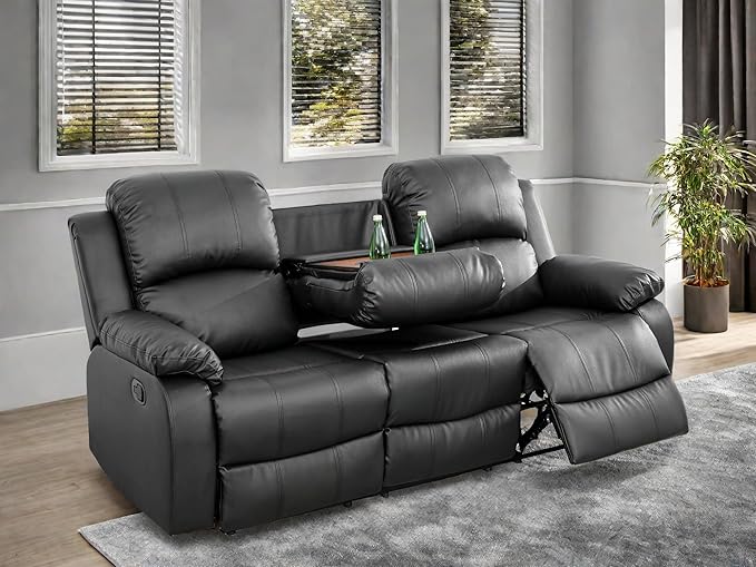 Leather Recliner Sofa Couch, 3-Seater Home Theater Seating Reclining Sofa, Power Reclining Couch with Cup Holders & Drop Down Table for Living Room Furniture Sets, Black