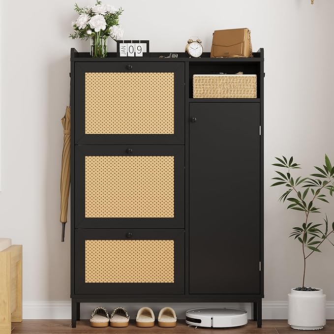 GarveeHome Shoe Cabinet Rattan with 3 Flip Drawers and 4-Tier Shoe Storage Cabinet, Freestanding Shoe Organizer with Adjustable Shelves for Entryway, Closet, Hallway (Black)