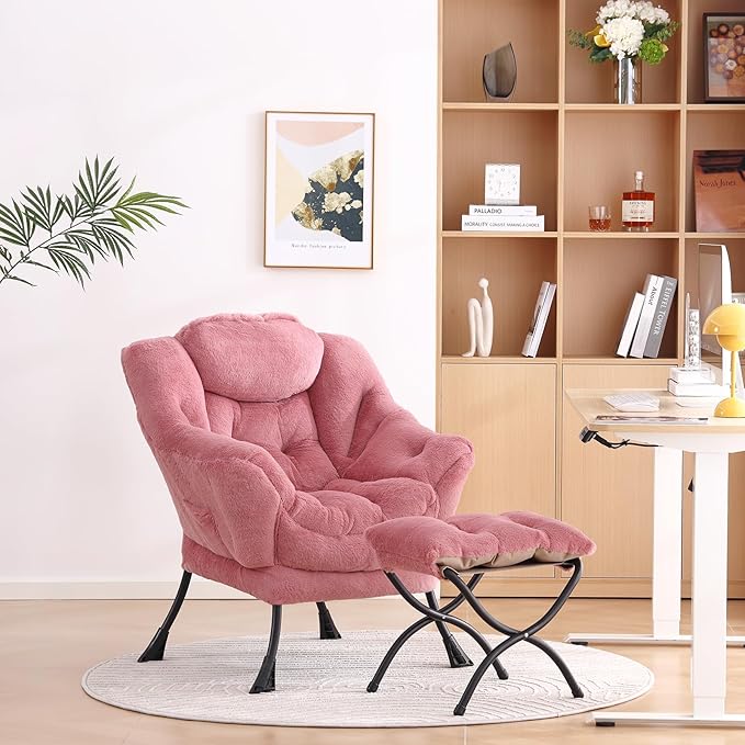 LITA Lazy Chair with Ottoman, Modern Accent Leisure Upholstered Sofa Chair, Lounge Reading Chair with Armrests and a Side Pocket for Living Room, Bedroom & Small Space, Plush Dark Pink