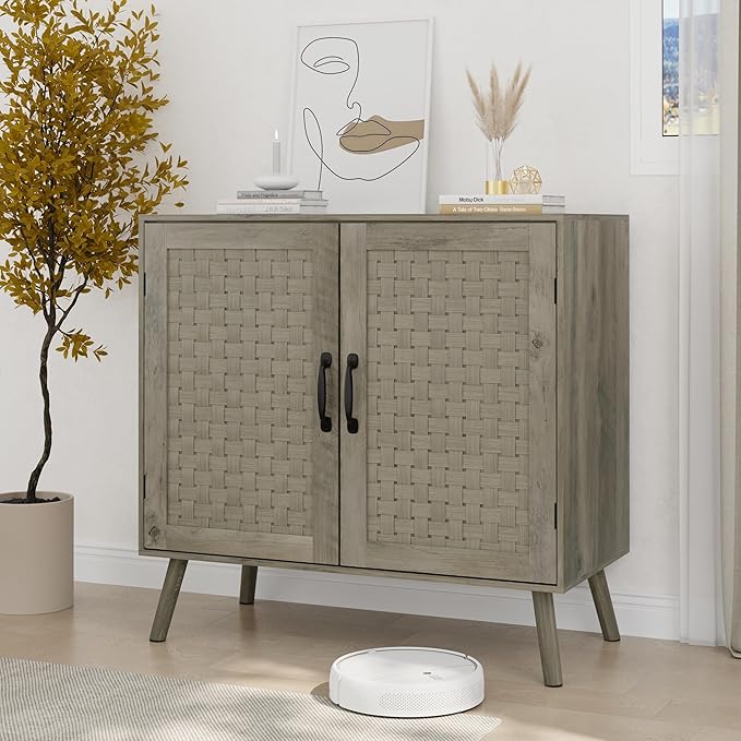 Smuxee Wood Sideboard, Freestanding Buffet Cabinet with 2 PVC Rattan Doors, Storage Cabinet with Adjustable Shelf for Living Room, Entryway, Hallway