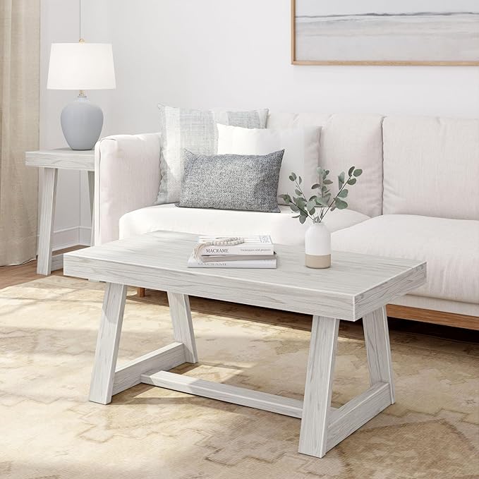 Plank+Beam Classic Rectangular Coffee Table, 40 Inch Farmhouse Coffee Table, Mini Center Tables for Small Spaces, Small Living Space Tea Table, White Sand Wirebrush