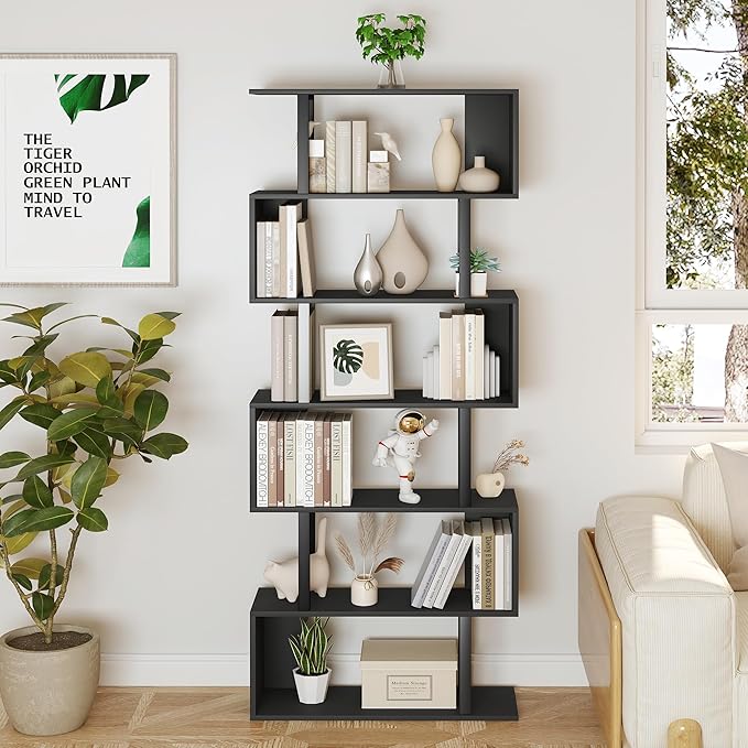 Yusong S Shaped Bookshelf, Modern Geometric Bookcase, 6-Tier Black Display Case Book Shelf