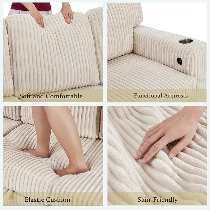 Ball & Cast Modular Sectional Sleeper Sofa Bed,L-Shaped Couch W/Pull Out Bed and USB Charging,Cupholders&Storage Seats,Convertible Sleeper Sofa Beds for Living Room,Apartment,Corduroy Fabric,Beige,81"
