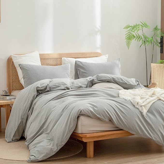 BESTOUCH Duvet Cover Set 100% Washed Cotton Linen Feel Super Soft Comfortable Chic Lightweight 2 PCs Home Bedding Set Solid Light Grey Twin/Twin XL