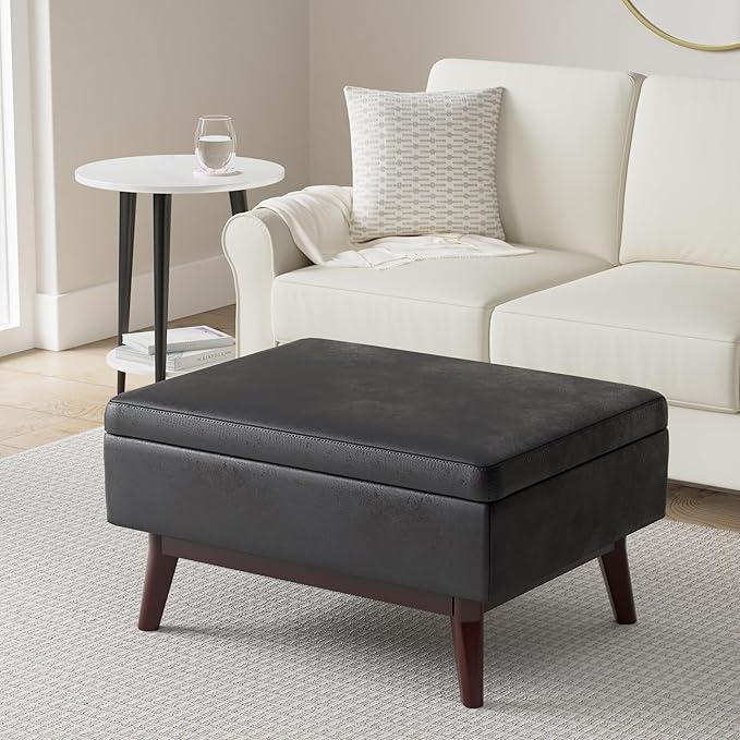 SIMPLIHOME Owen 34 inch Wide Mid Century Modern Rectangle Coffee Table Storage Ottoman in Distressed Black Vegan Faux Leather, Assembled, for the Living Room, Entryway and Family Room