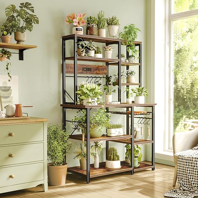 SUPERJARE Large Bakers Rack with Power Outlets, 6-Tier Microwave Stand, Coffee Bar with 12 S-Shaped Hooks, Kitchen Shelf with Wire Basket, 39.3 x 15.5 x 66.9 Inches, Rustic Brown